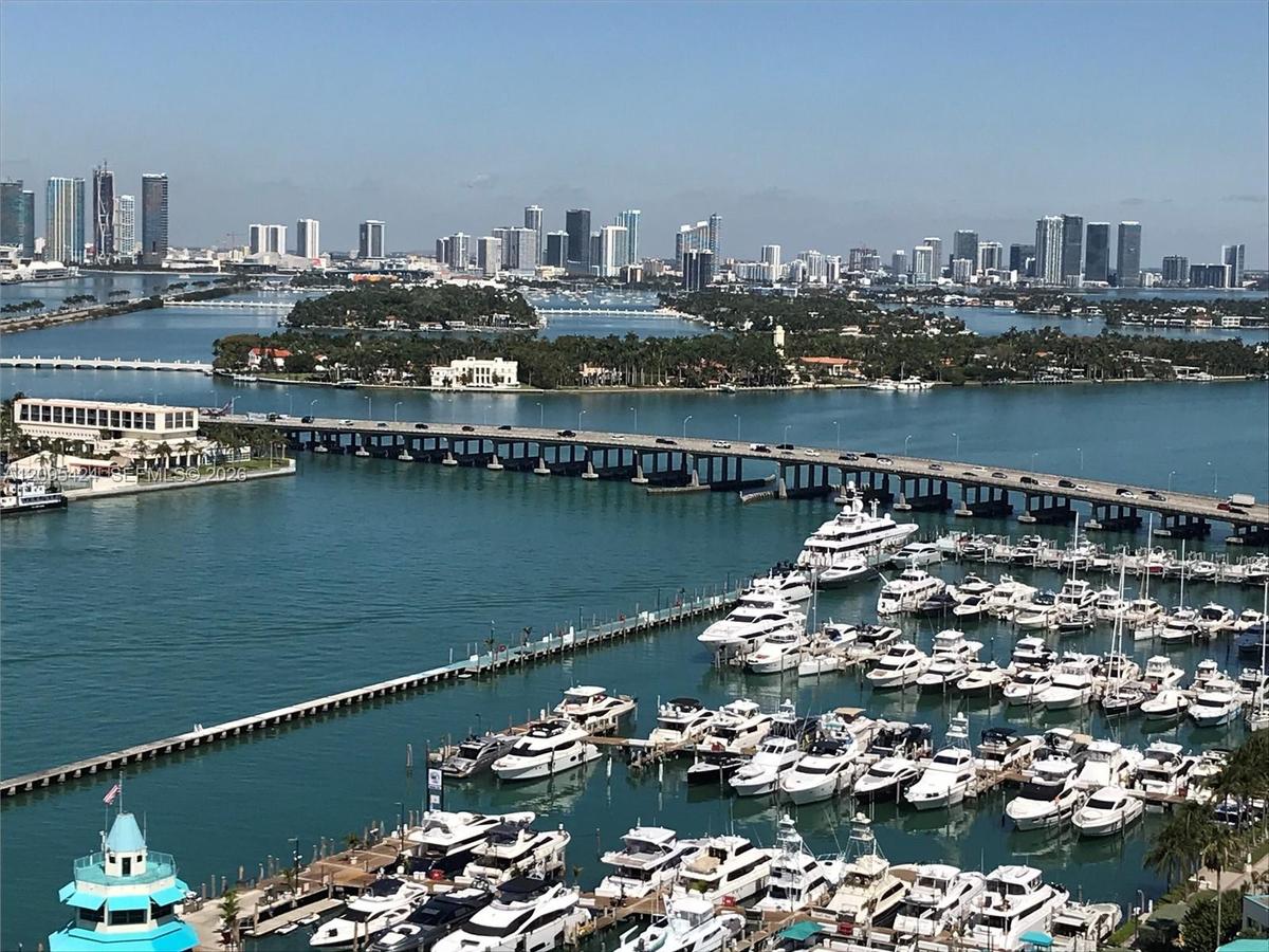 View from Master Bedroom of Miami Beach Marina and Fisher Island.