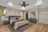 Virtual staging. Spacious primary bedroom with views of the patio