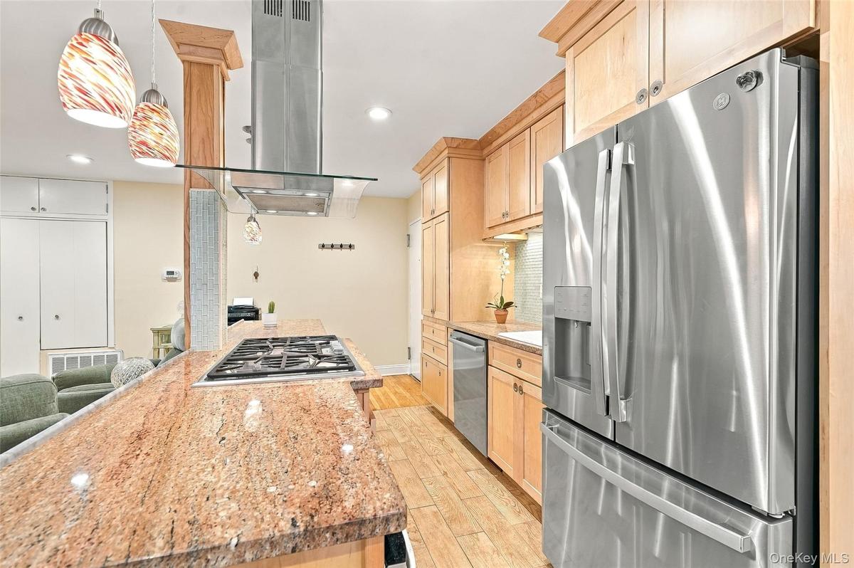 Open Kitchen with brand new GE wide entry refrigerator with filtered water and ice maker and brand new Bosch dishwasher
