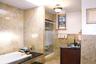 2nd floor bathroom has tiled walls and flooring, built-in bathtub, glass-enclosed shower, stained glass window, and vanity with dark countertop