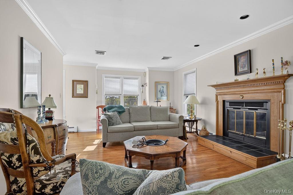 Living room with wood burning fireplace
