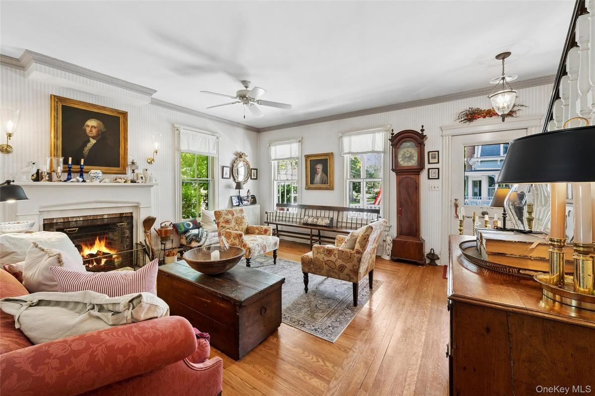 Living room with wood burning fireplace