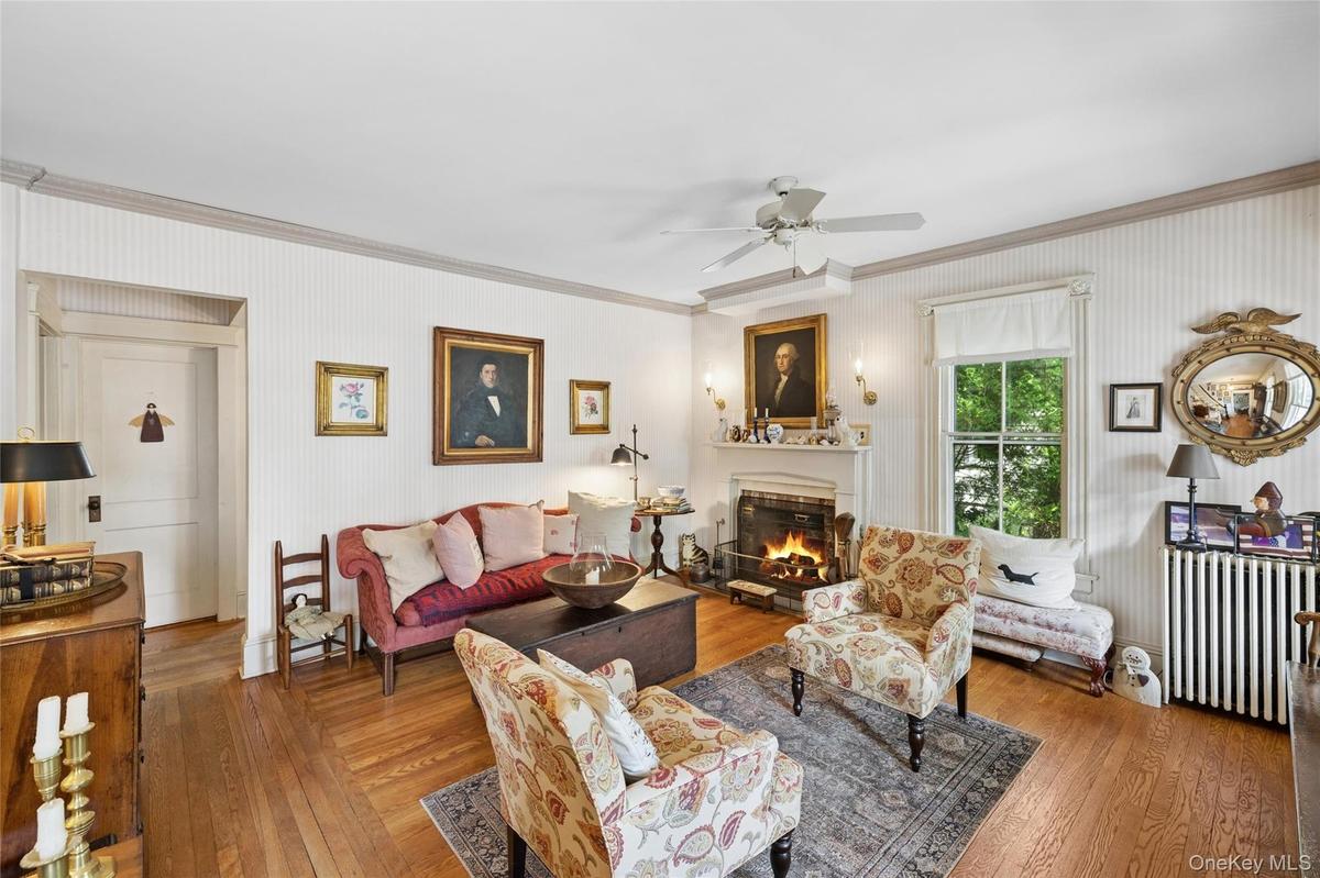 Living room with woodburning fireplace