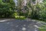 Gravel driveway with abundant mature trees and natural landscaping