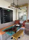 Built-in banquette seating with upholstered cushions