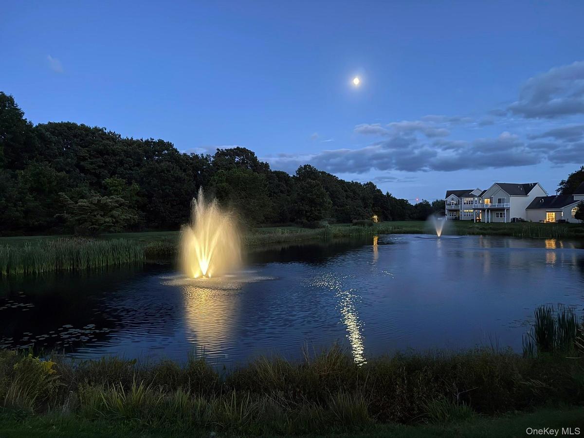 Rear Patio Overlooking the Pond & Fountain at Twilight