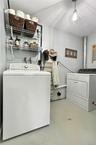 Laundry area with painted concrete flooring, two wall-mounted wire shelving units, and a ceiling-mounted caged light fixture