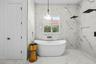 Freestanding tub inside the walk-in shower with window and plantation shutters.