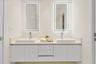 Dual vanity with white flat-panel cabinetry and integrated rectangular sinks
