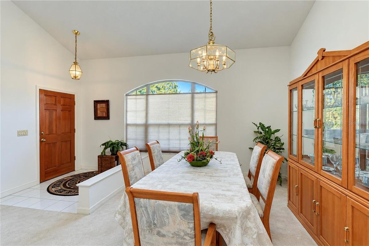 Formal dining room featuring high vaulted ceilings, abundant natural light, and an open layout adjacent to the main foyer.