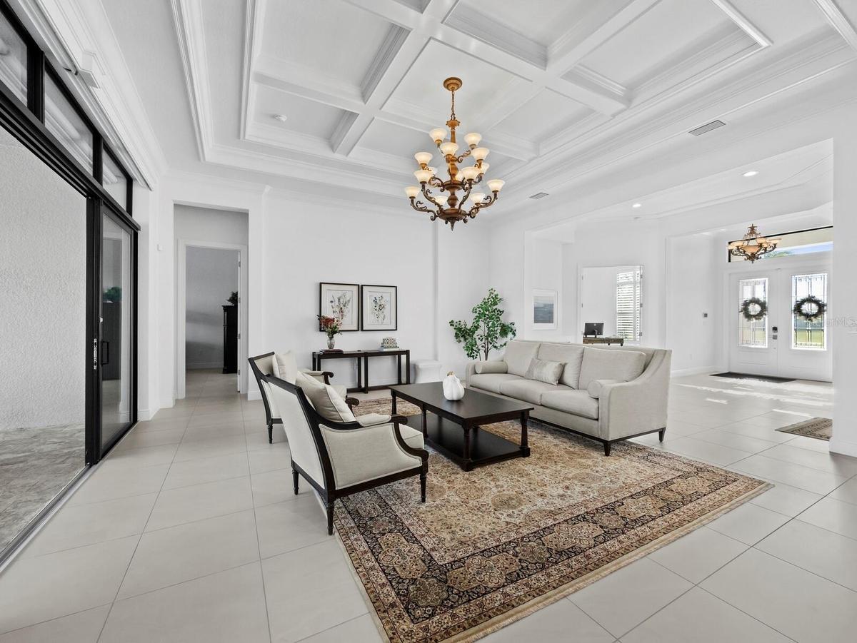Open Floor Plan with Coffered Ceiling Details