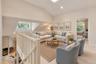 Virtually Staged Open loft space featuring a skylight, recessed lighting, wood railing, and a carpeting flooring overlooking lower level.