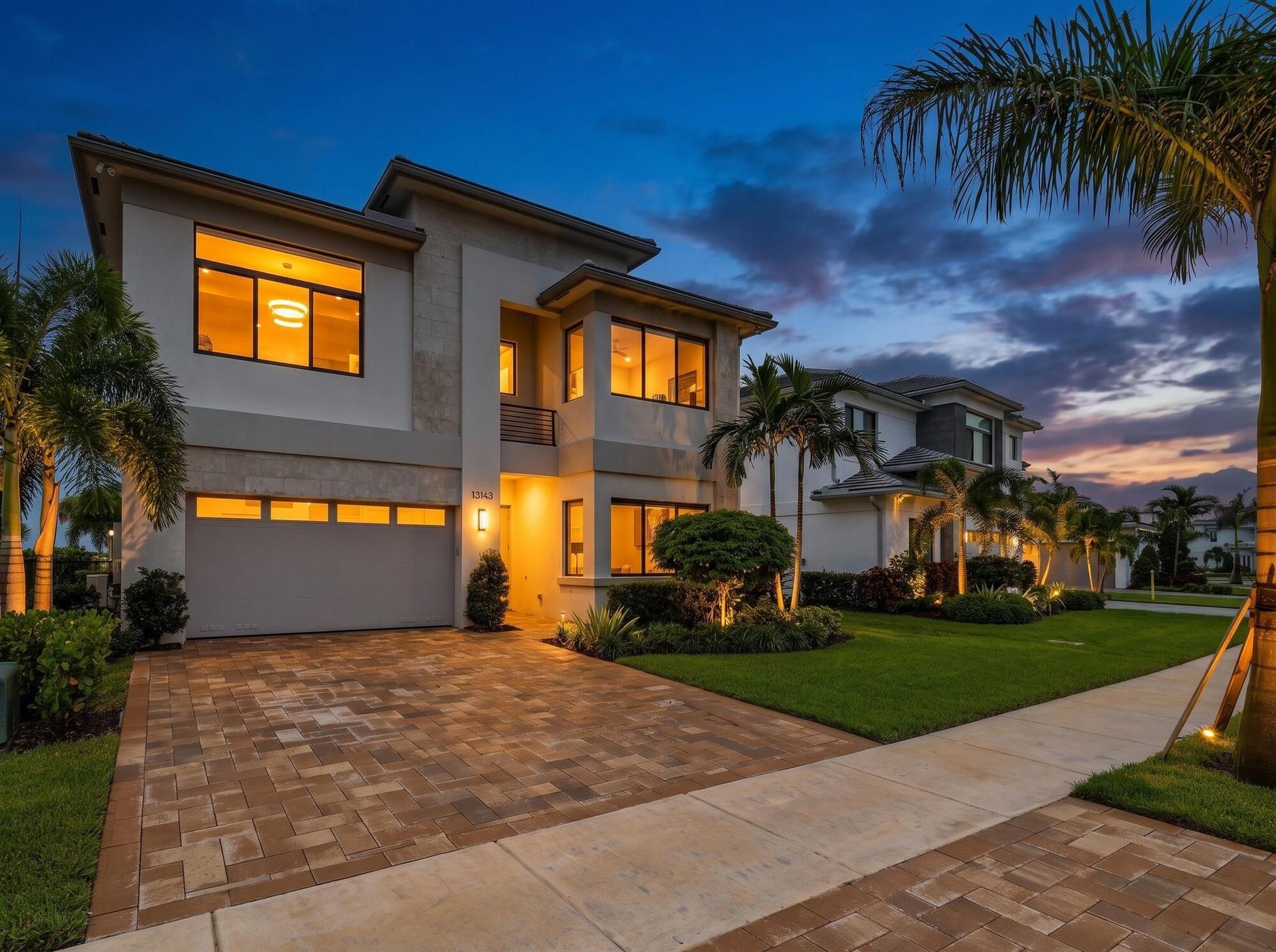 Contemporary architectural style featuring large windows, a paver driveway, manicured landscaping, and exterior architectural lighting
