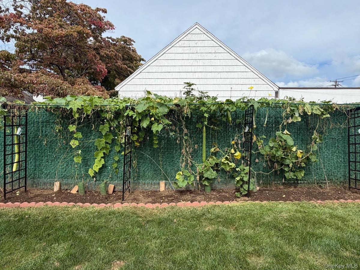 Manicured lawn with a brick-edged planting bed, featuring a trellised privacy fence