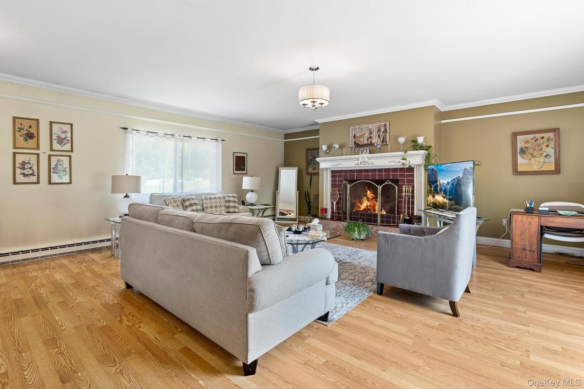 Living area with a baseboard heating unit, light wood-style floors, ornamental molding, a fireplace, and baseboards