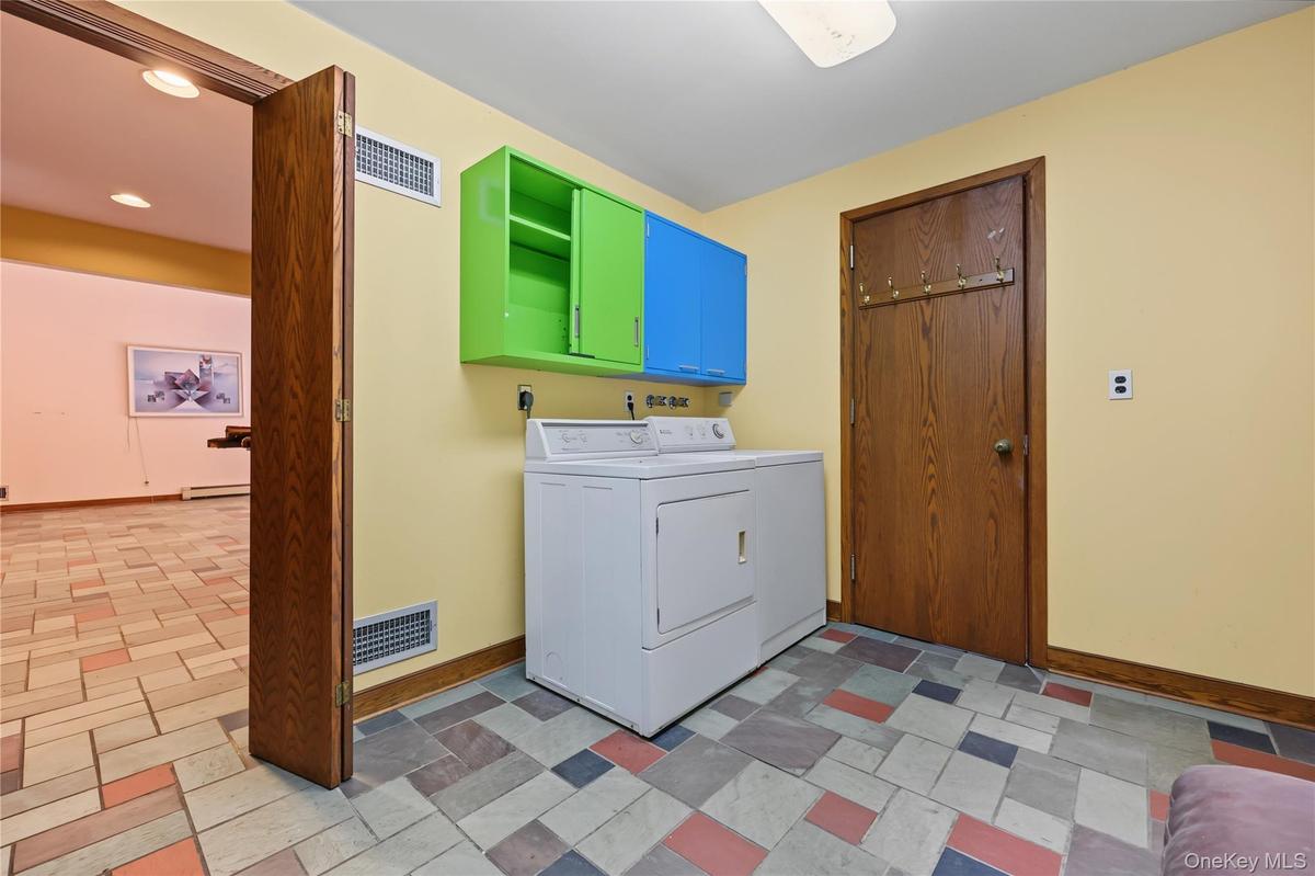 Laundry room behind the kitchen.  Door on right is the powder room