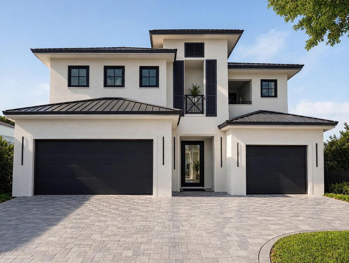 Contemporary stucco exterior with dark metal roofing, black-framed windows, and a paver driveway