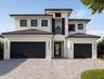 Contemporary stucco exterior with dark metal roofing, black-framed windows, and a paver driveway