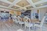 Coffered ceiling, chandelier lighting, built-in display cabinetry, and sliding glass door