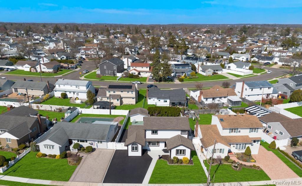 Aerial perspective showcasing a residential neighborhood with diverse housing styles