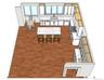Rendering showing butlers pantry with sink and beverage cooler adjacent to dining room door (bottom right)