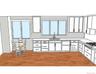 Kitchen rendering showing lower cabinets and drawers (see next drawing for position of island). Refrigerator and double wall ovens will be installed o