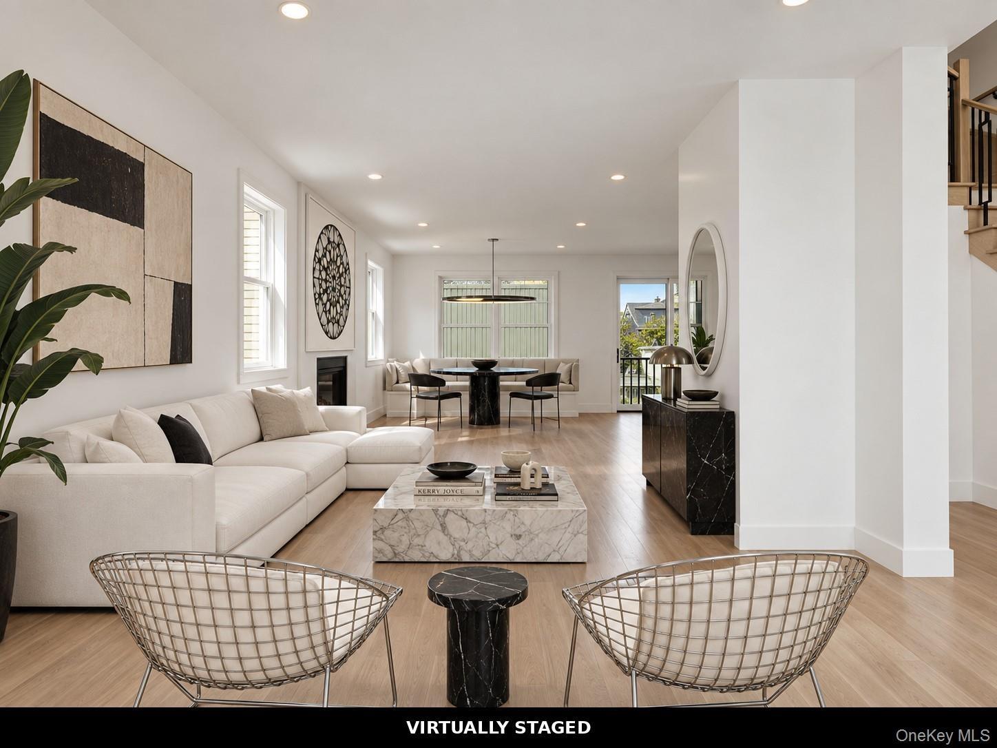 Recessed lighting illuminates wood-finish flooring