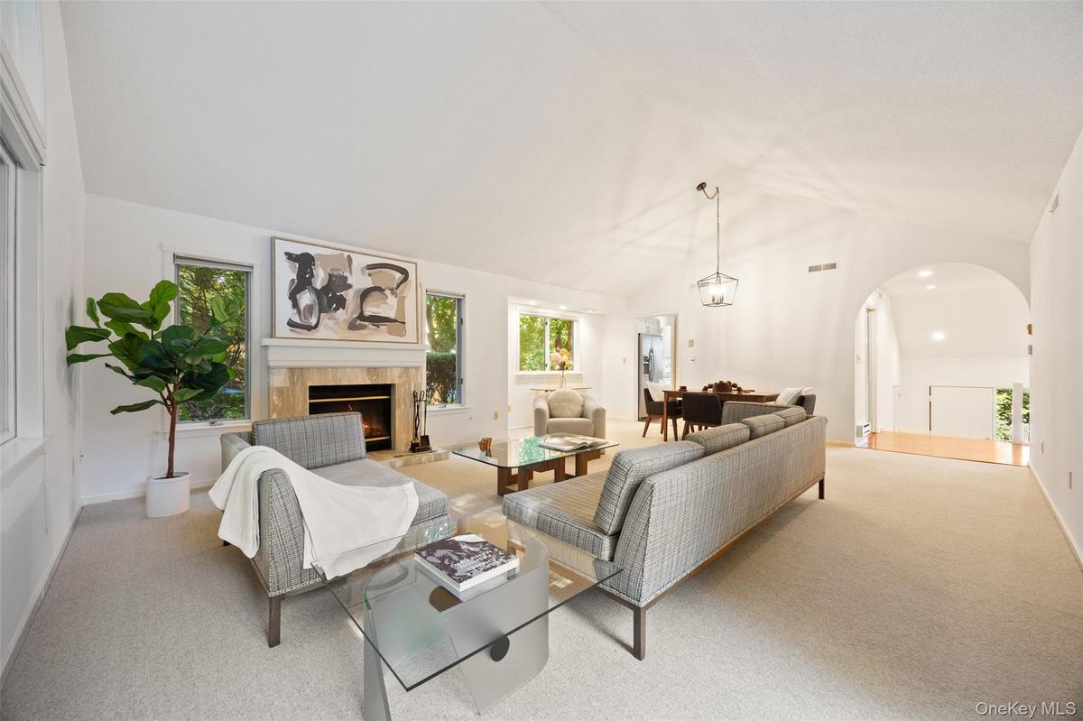High ceilings, stone fireplace surround, abundant natural light, & understated elegance.