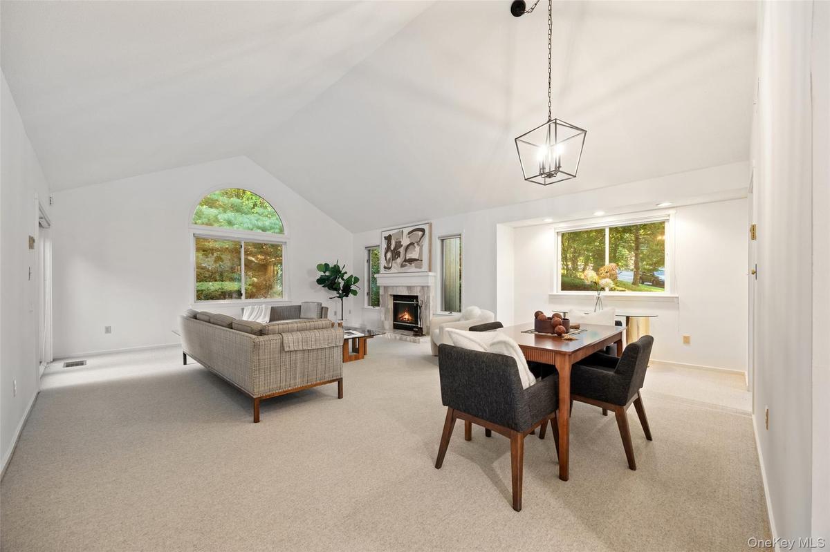 High ceilings, stone fireplace surround, abundant natural light, & understated elegance.