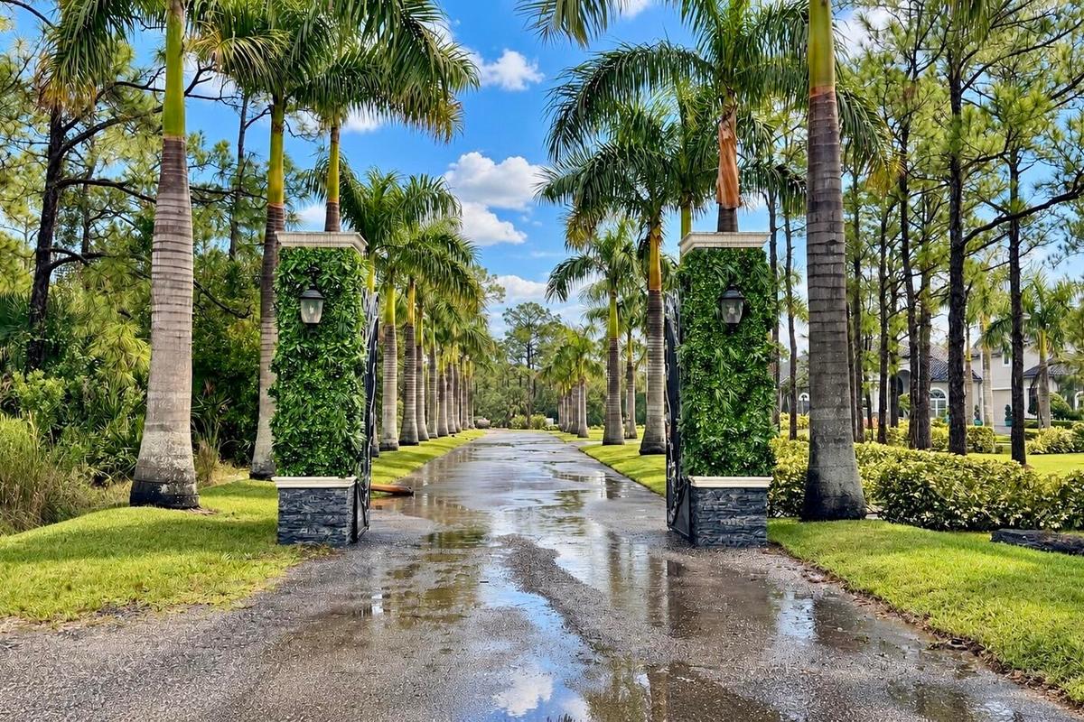 Gated Entry and Extra Long Paved Driveway lined with Palms