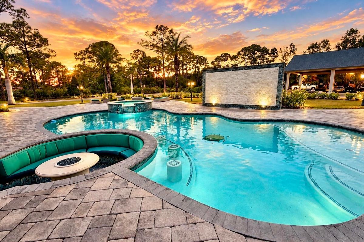 Resort Style Heated Pool with Spa, built in stools and Baja shelf