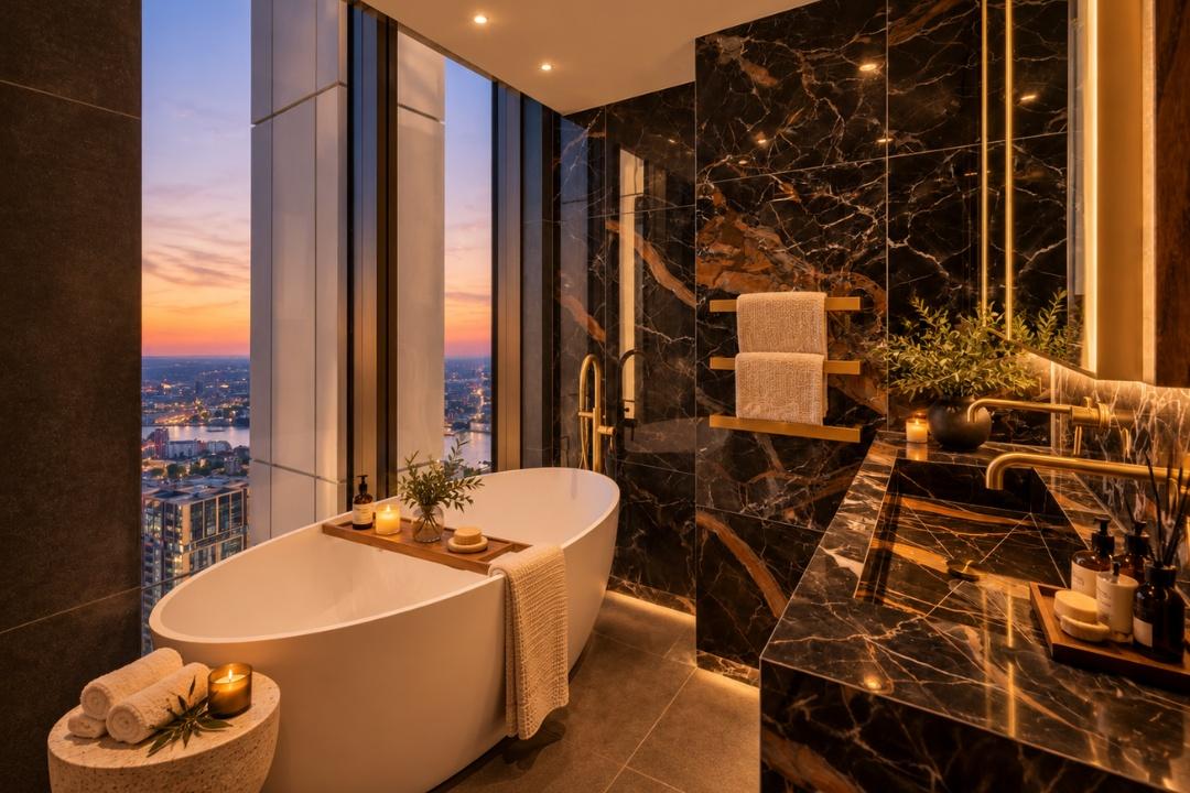 Bathroom with a View- This is a virtually staged image intended to help buyers visualise the room’s potential.