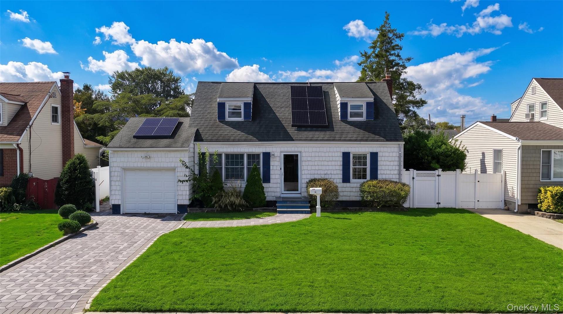 White-sided residence with a dark shingle roof featuring multiple solar panels