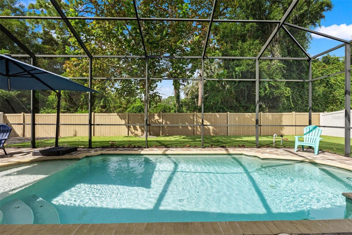 The screened saltwater pool is the centerpiece of this private backyard retreat, ready for sunny afternoons and weekend swims.