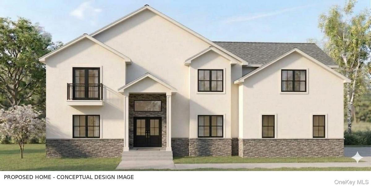 Conceptual exterior design for the to-be-built home. Architectural potential only; not a photograph of a completed home. Smooth stucco and stone, whit