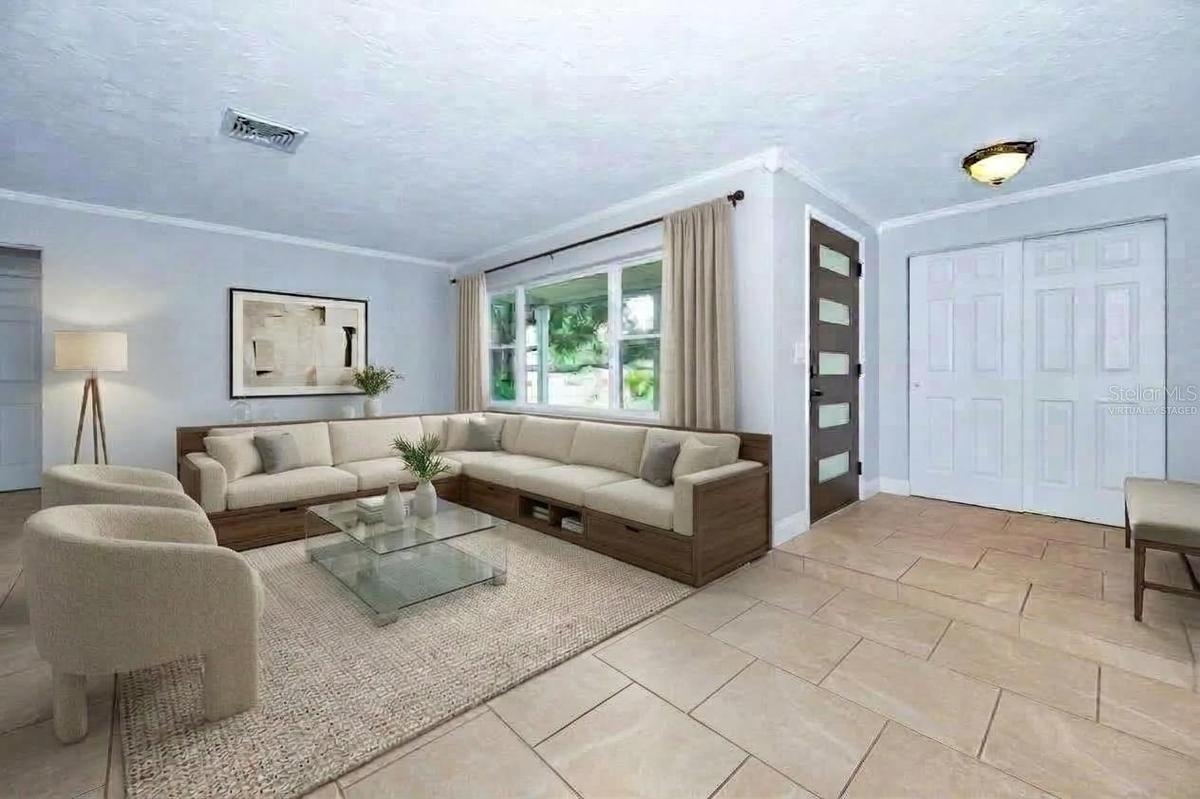 Virtually Staged Living Room off the Entry