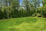 Expansive lawn area bordered by a dense evergreen hedge, mature trees, and established shrubbery