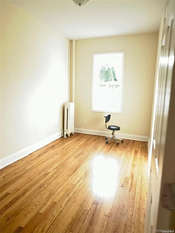 Hardwood flooring, painted walls, single window, white trim, ceiling-mounted light fixture