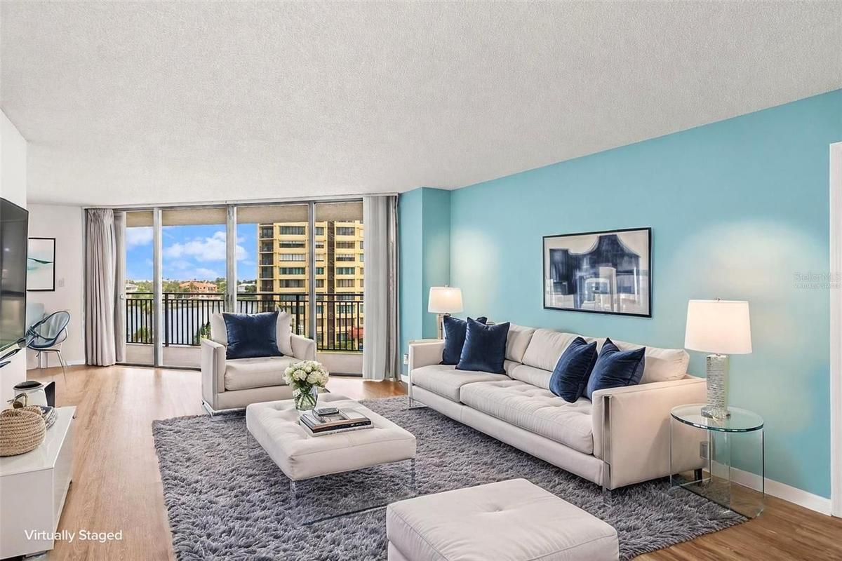 Living room, furniture virtual staging. Views are fabulous