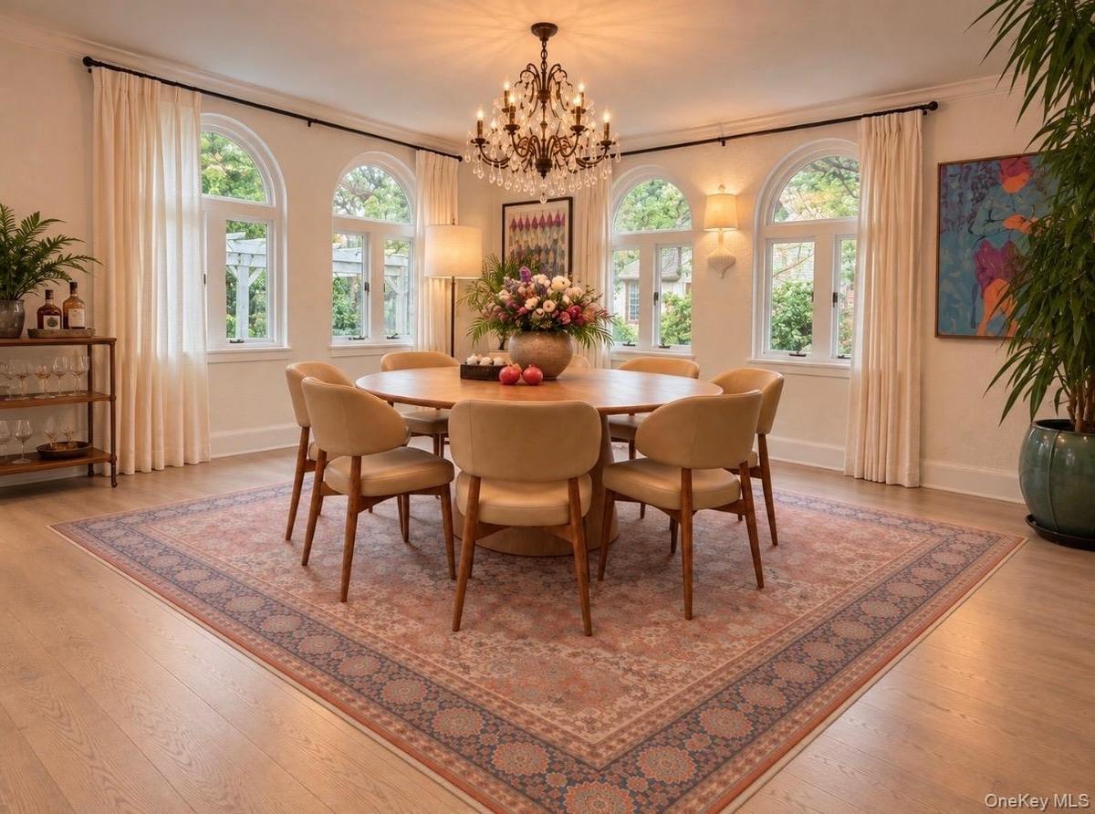 View of dining room with wall of windows