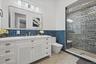 White double vanity with a rectangular undermount sink, brushed nickel faucet, and cup pulls