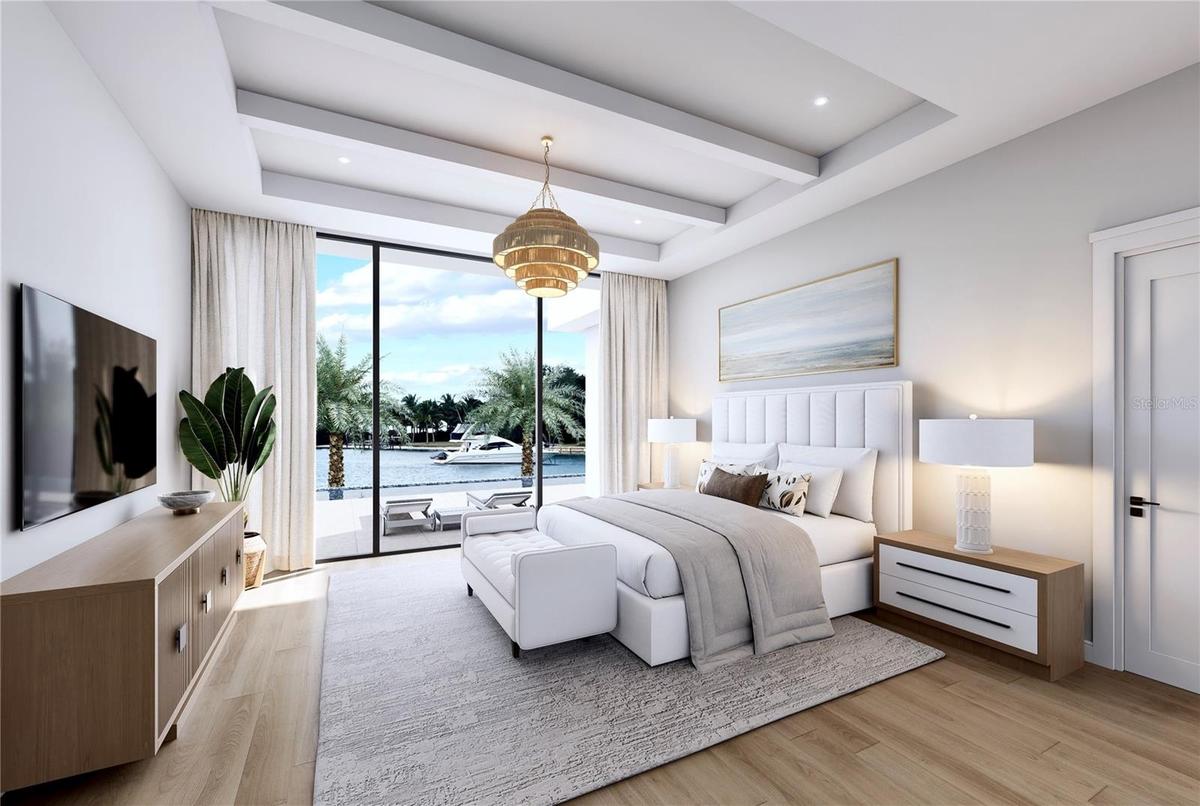 Primary Bedroom Rendering is a spa like retreat that invites you to enjoy water views and spectacular sunsets.