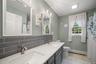 Bathroom with double sinks and tub