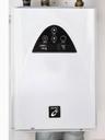 Wall-mounted tankless water heater with digital controls and a white finish