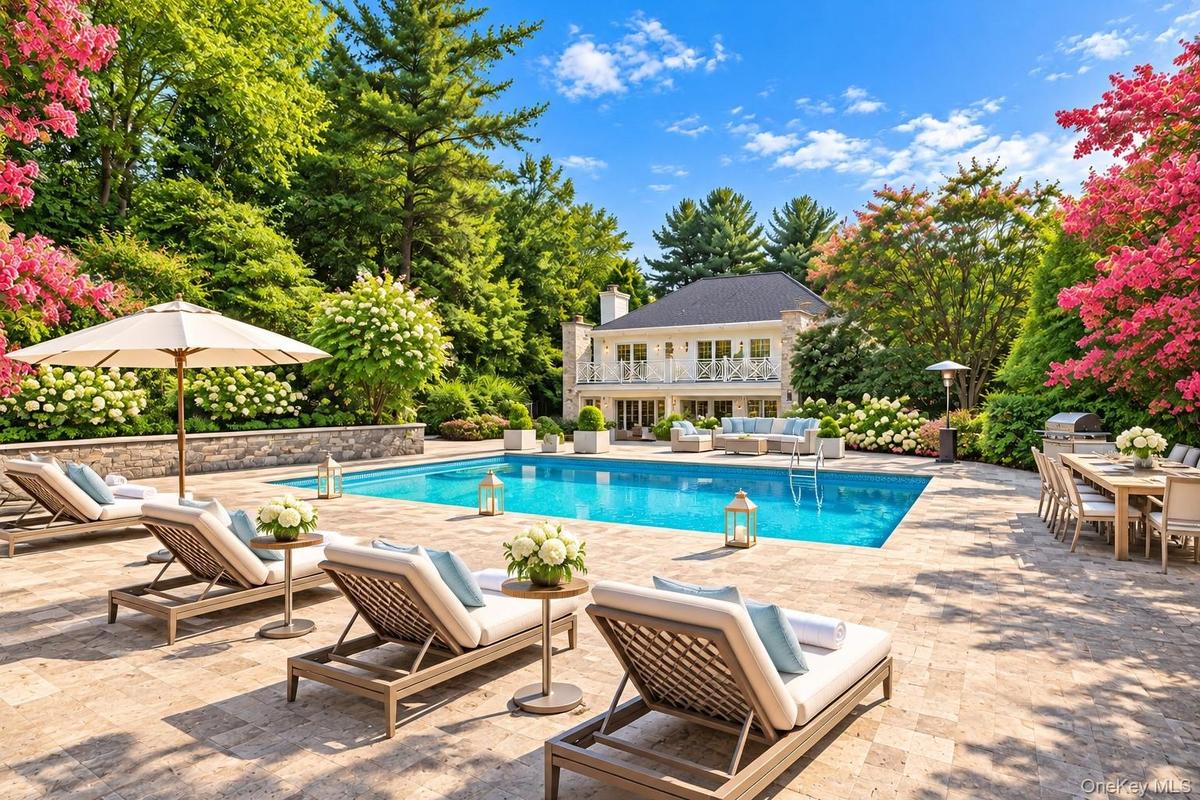 Expansive outdoor entertaining area featuring a large swimming pool, paver patio, and mature landscaping with flowering trees and shrubs