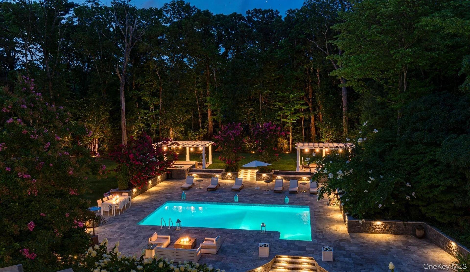 Swimming pool with paved surround, integrated fire pit, two pergolas, and recessed lighting