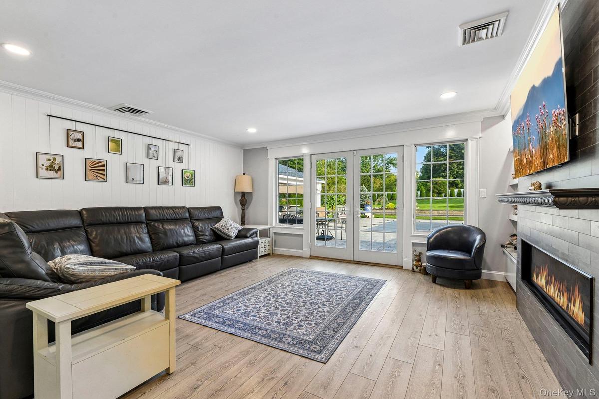 French Doors to Country Club Yard, Electric Fireplace