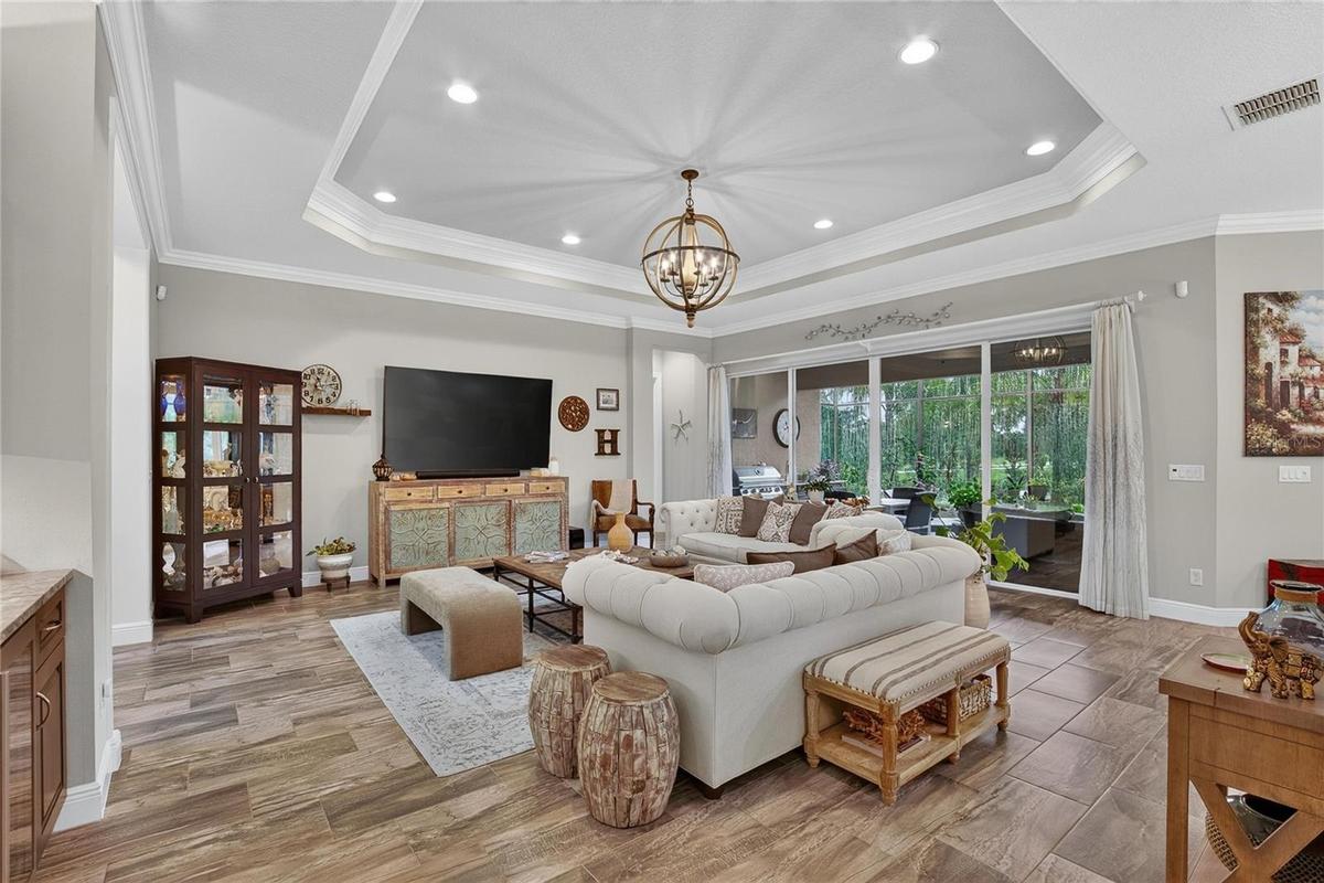 Great Room w/Tray Ceiling and Extensive Crown Molding