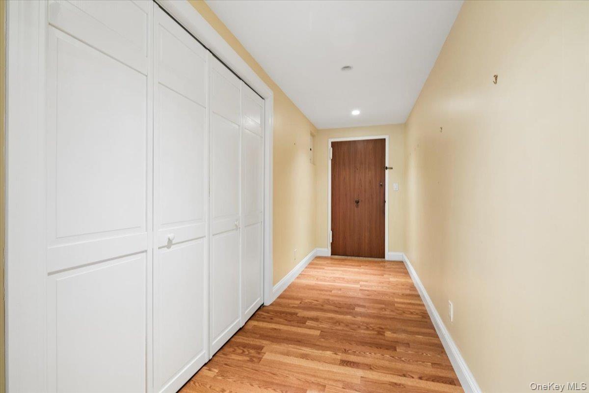Entry hallway to unit, flanked by floor to ceiling closets.