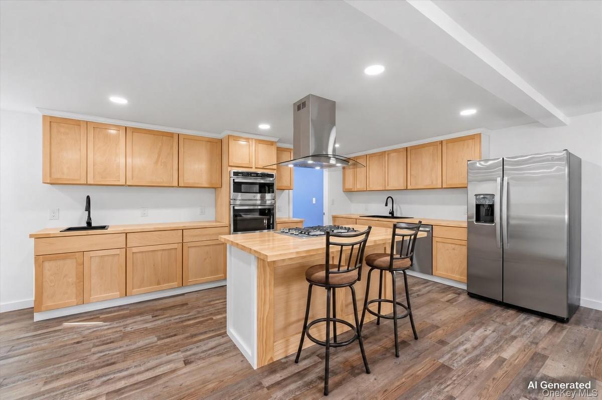 Ai generated photo example of kitchen finished with natural cabinetry and counters.